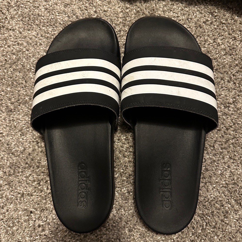 Adidas Black Slides with White Stripes